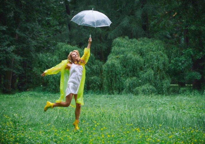 woman, park, stroll, summer, umbrella, nature, forest, glade, raincoat, yellow, yellow boots, yellow raincoat, jump